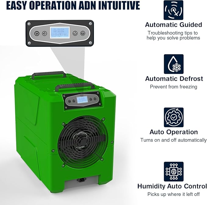 Mounto 150 Pints Compact Commercial Dehumidifier, LGR Technology, Built-in Pump, ETL Certified, Ideal for Large Spaces, Water Damage Restoration, Industrial Use (Green) - Image 3