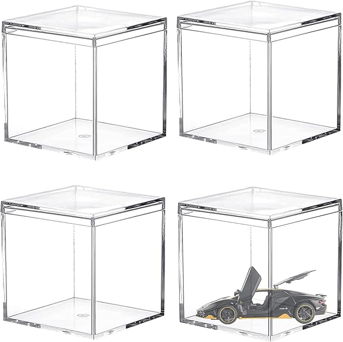 Acrylic Box with Lid 4 Pieces Clear Display Box Plastic Square Cube Wedding Candy Box for Jewelry Collectibles, Minerals,Figurines Storage Containers Decorative Boxes 4x4x4Inch by LOVPLAY