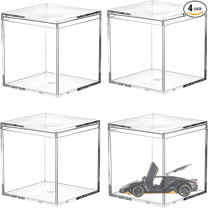 Large Acrylic Box with Lid 4 Pieces Clear Display Box Plastic Square Cube Wedding Candy Box Jewelry Collectibles Storage Containers Valentine's Day Decorative Boxes 4x4x4Inch by LOVPLAY