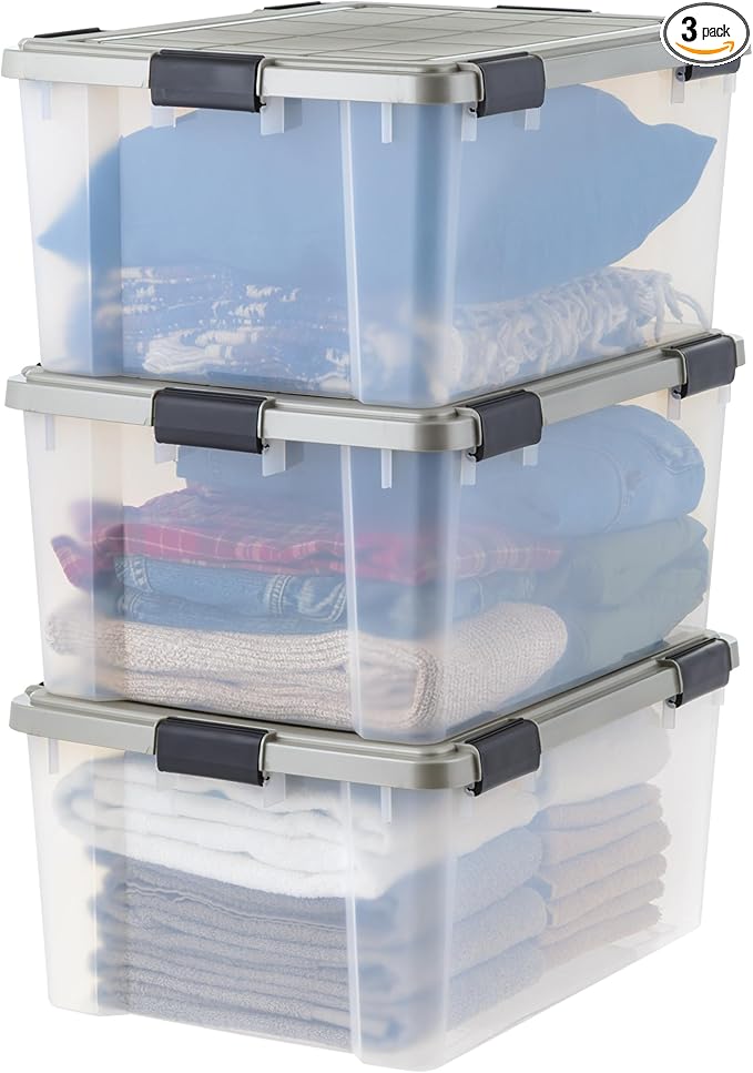 IRIS USA 60 Qt Storage Bins with Gasket Seal Lid, 3 Pack - BPA-Free, Heavy Duty Moving Containers Tight Latch, Weather Proof Tote, WEATHERPRO - Clear/Chrome by IRISUSA