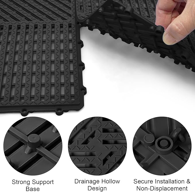 MYFAMIREA Modular Interlocking Cushion 12 Pack 11.8" x 11.8" Rubber Floor Tiles Non-Slip Splicing Drainage Mats for Deck, Pool, Shower, Patio, Balcony, Bathroom, Kitchen, Yard (Diagonal, Black) - Image 4
