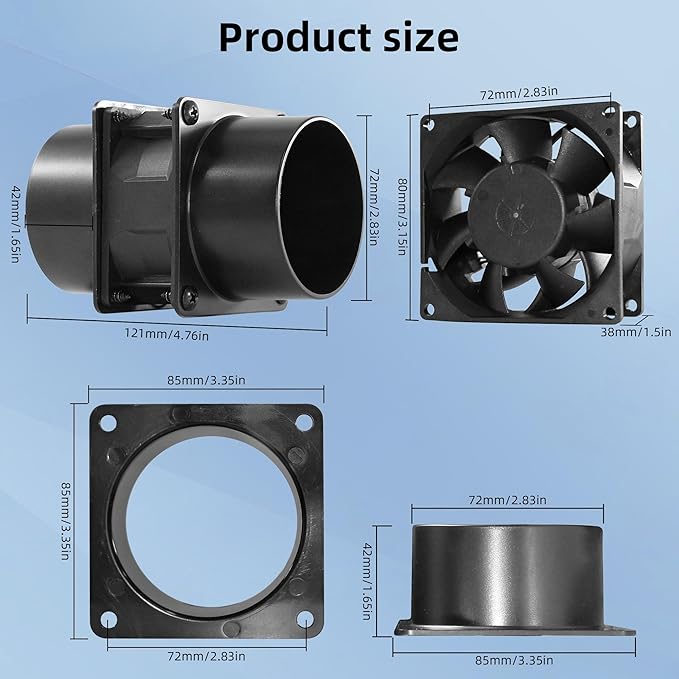 3.15” 12V DC Small Exhaust Duct Fan with Speed Control and 2-Pack 3" Square to Round Duct Flanges for Solder Fume Extractor, Laser Engraver, 3D Printer, Soldering Smoke and DIY Cooling - Image 2