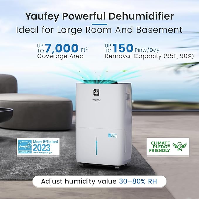 Yaufey 150 Pints Energy Star Dehumidifier for Home, Basement and Large Room up to 7000 Sq. Ft., with Drain Hose, Timer, Intelligent Humidity Control and Large Water Tank - Image 2