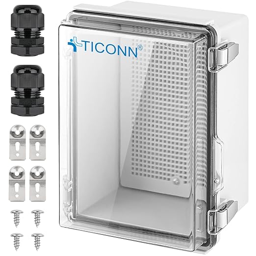 TICONN Outdoor Electrical Box Waterproof, Junction Box IP67 ABS Plastic Enclosure with Hinged Cover with Mounting Plate, Wall Brackets, Cable Glands (Clear, 8.7"x6.7"x4.3") by TICONN