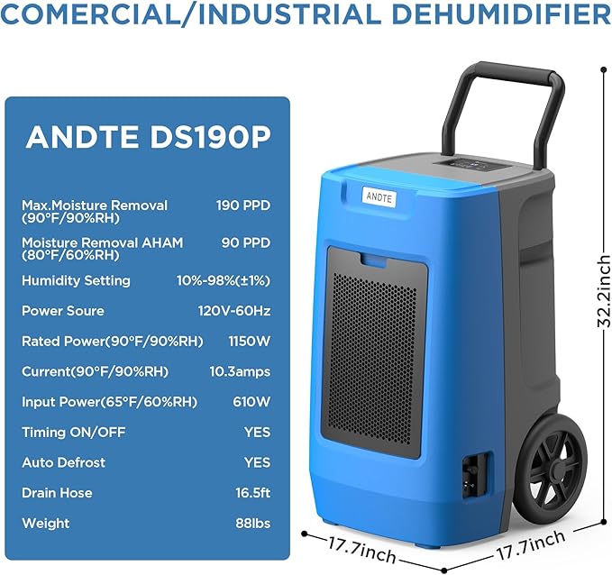 Andte 190 Pints Commercial Dehumidifier with Pump for 3,000 Sq. Ft. - Industrial-Grade Moisture Removal for Basements, Garages & Water Damage Restoration - Image 4