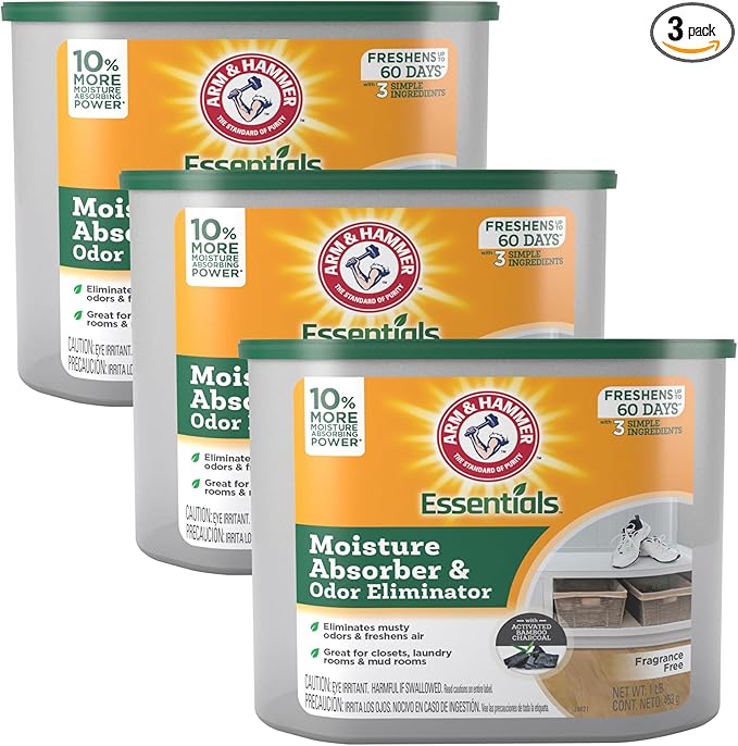 Arm & Hammer Essentials Disposable Moisture Absorber and Odor Eliminator Tub, Fragrance Free, 1 lb., Attracts and Traps Excess Moisture, Ideal Closet Dehumidifier (Pack of 3) by ARMHAMMER