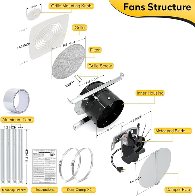 505 High Airflow Bathroom Fan for Ceiling – 8 Inch Fan with Powerful 200 CFM, Bathroom Exhaust Fan, Kitchen Exhaust Fan, Household Ventilation Fans - Image 2