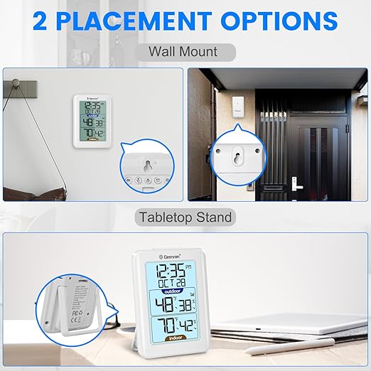 Geevon Digital Hygrometer Indoor Outdoor Thermometer Wireless with Clock, Backlight Temperature Gauge Humidity Monitor, Inside Outside Thermometer with 200ft/60m Range Remote Sensor,White - Image 6