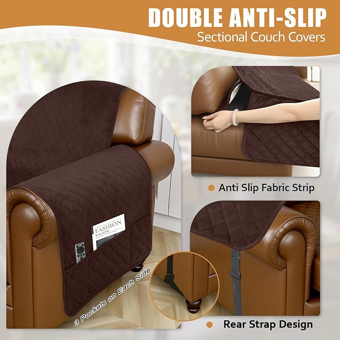 Arfntevss Waterproof Sectional Couch Covers L Shape Washable Velvet Sofa Cover for Sectional Non Slip Large Corner Slipcovers Dog 6 Pcs Universal U Shaped Furniture Protector (Dark Brown, X-Large) - Image 4