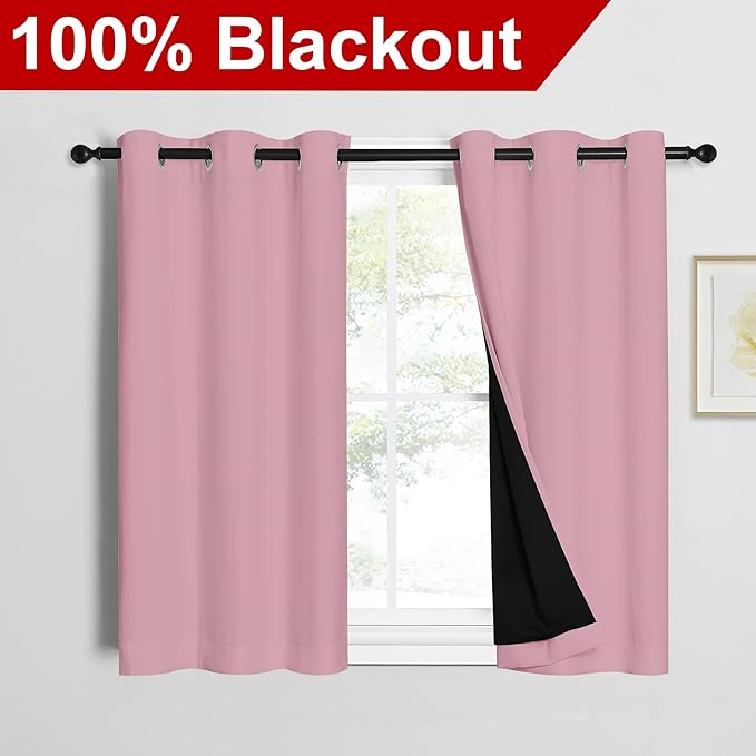 NICETOWN 100% Blackout Short Curtains with Black Liners, 2 Panels, 37" W by 40" L, Crystal Pink, Thermal Insulated Full Blackout 2-Layer Lined Drapes, Energy Efficiency Window Draperies for Bedroom - Image 2