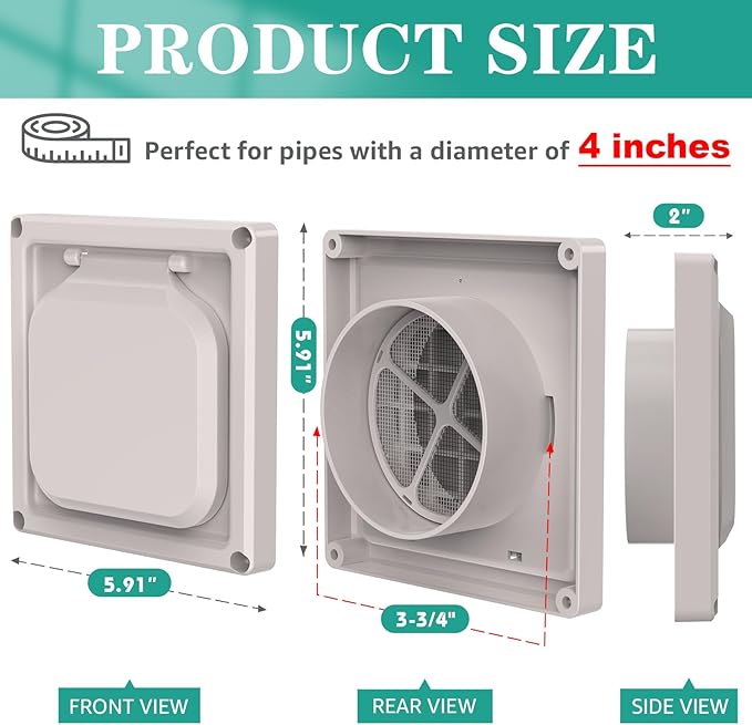 Dryer Vent Cover Outside 4 inch, Magnetic Door Design, Durable Airflow Vent with Lint Trap Screen, Thickened Material, 6 inch x 6 inch Size, Beige - Image 2