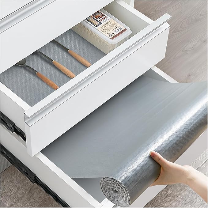 Drawer and Shelf Liner, Non-Slip Kitchen Cabinet Liners Non-Adhesive Thick Strong Grip Waterproof Washable Mats Protect Dresser Shelves Cupboard Bathroom Cabinets, Pure Gray, 24 in X 20 FT by ALIUNI