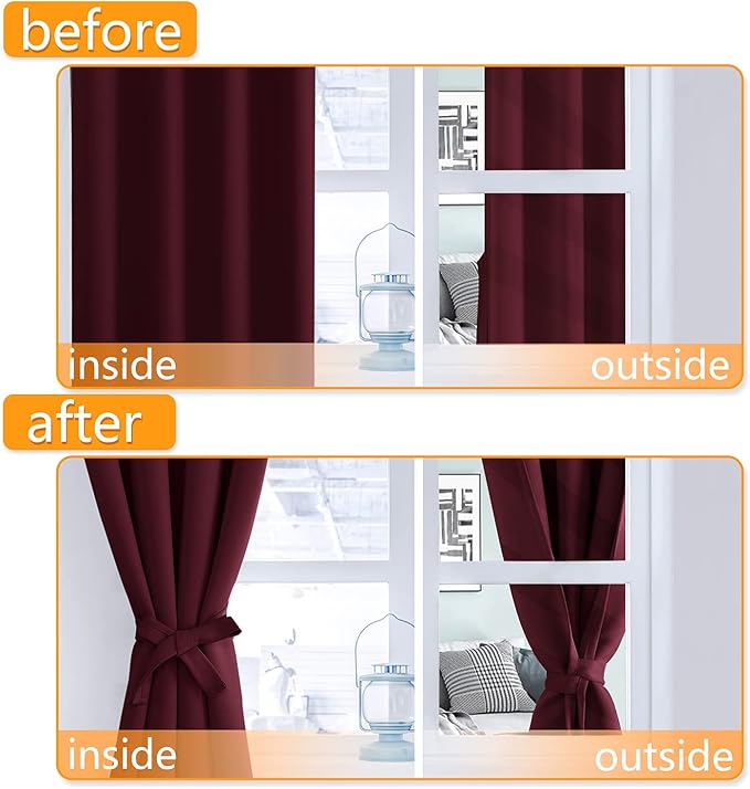Hiasan Grommet Blackout Curtains for Bedroom, 60 x 72 Inches - Thermal Insulated & Light Blocking Window Drapes for Living Room/Dorm Room Christmas Decor, Set of 2 Panels Sewn with Tiebacks, Burgundy - Image 5