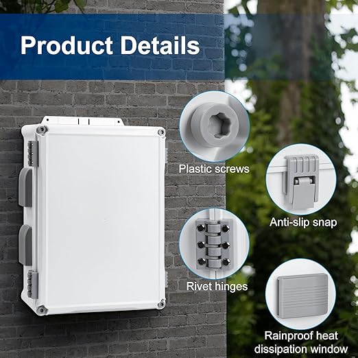 Outdoor Electrical Junction Box, ABS Water Resistant Enclosure with Internal Mounting Panel & Hinged Cover (15" H x 11" L x 6" W) - Image 5