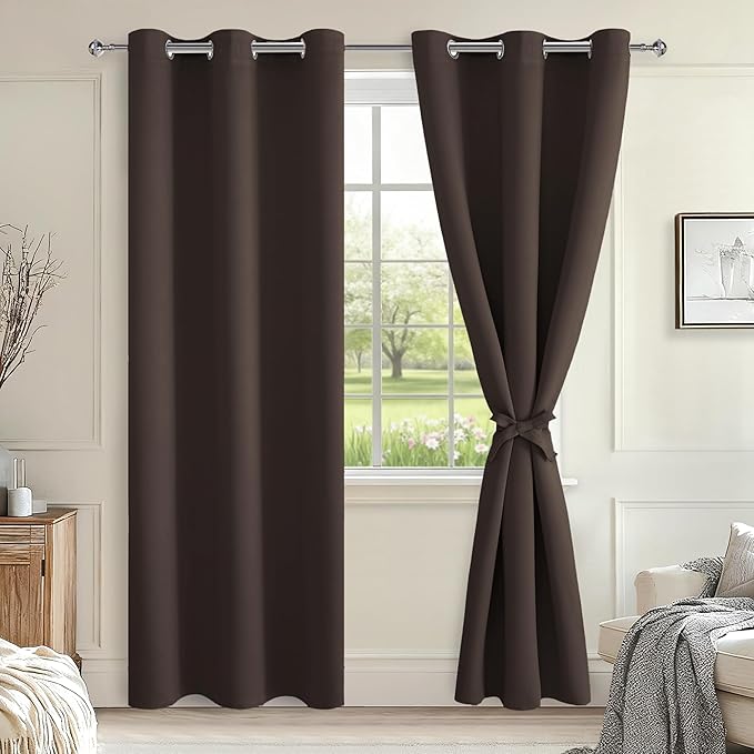Hiasan Blackout Curtains for Bedroom, 38 x 84 Inches Long - Thermal Insulated & Light Blocking Window Curtains for Living Room, 2 Drape Panels Sewn with Tiebacks, Brown by Hiasan
