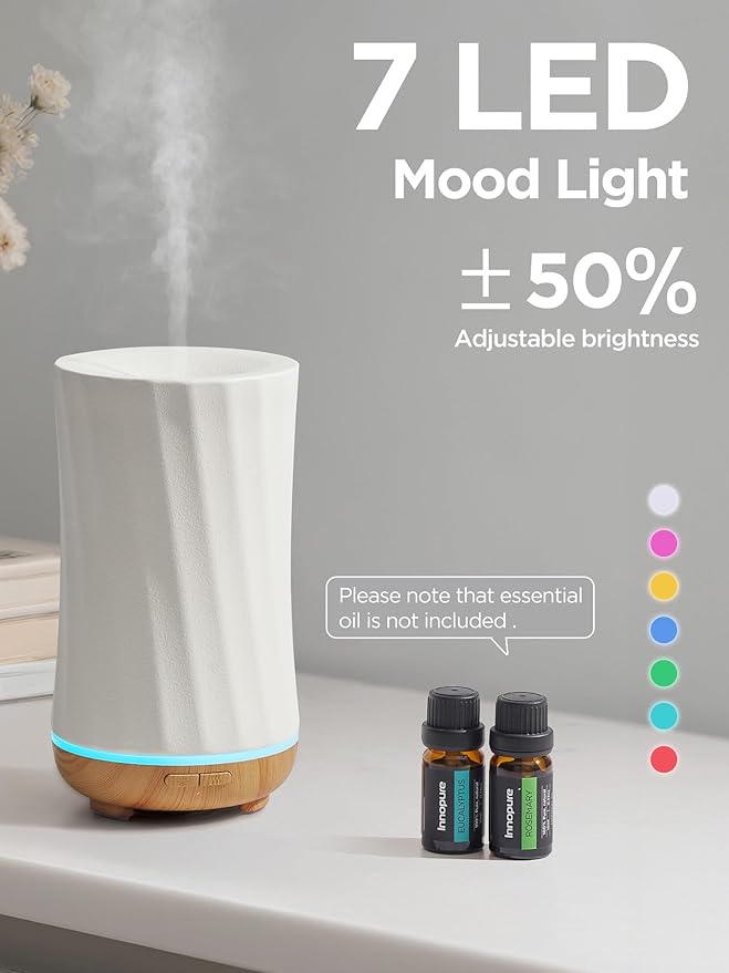 InnoGear 150ml Ceramic Oil Diffuser, Handcrafted Stone Essential Oil Diffuser Aromatherapy Diffusers Ultrasonic Cool Mist Humidifier Vaporizor with 2 Mist Modes for Room Home, White Twist Ceramic - Image 6