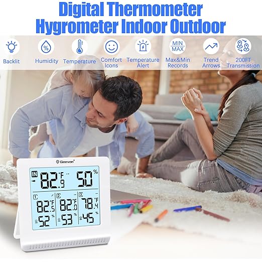 Geevon Indoor Outdoor Thermometer Wireless with 3 Remote Sensors, Digital Hygrometer Thermometer, Temperature Gauge Humidity Monitor with Backlight, 200FT/60M Transmission Range - Image 2