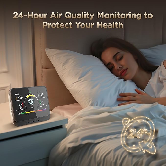 Xoopon Professional 13-in-1 Indoor Air Quality Monitor 6AQI with Alert and Buzzers PM1.0 |PM2.5 |PM10 |HCHO |CO2 |Humidity |Temperature, Portable Easy to Use for Car Office (Ink Black) - Image 6