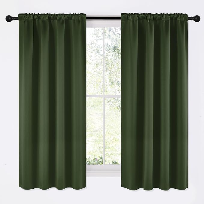 NICETOWN Dark Green Blackout Cafe Satin Curtains for Small Windows, 42" Wide by 63" Long, 2 Panels, Rod Pocket Noise Reducing Faux Silk Blackout Drapes for Dining Room by NICETOWN