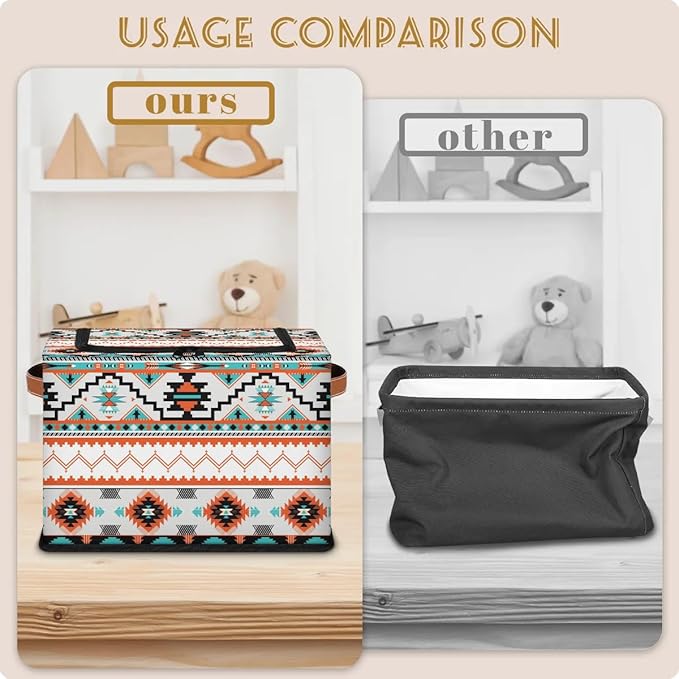 Storage Bin, Collapsible Fabric Storage Boxes with Lids for Organizing, Western Aztec Stackable Closet Organizers and Storage Cube Basket with Handle for Home, Office, Bedroom (10.2"x14.2") - Image 8