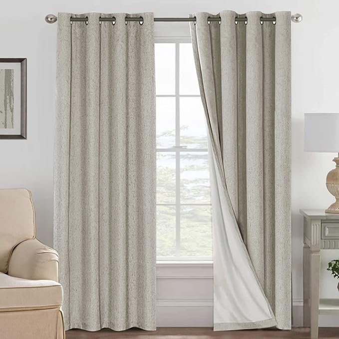 H.VERSAILTEX Blackout Drapes Linen Blackout Curtains 84 inch Length 2 Panels Set, 100% Blackout Thermal Insulated Textured Curtain Anti-Rust Grommet Curtains with White Liner, Stone by HVERSAILTEX