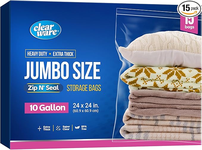 15 Count - Large Storage Bags With Zipper Top, 10 Gallon Size 24" x 24", Extra Large Plastic, For Clothes, Travel, Moving, BPA-Free, Heavy Duty 3-Mil Thick by CLEARWARE