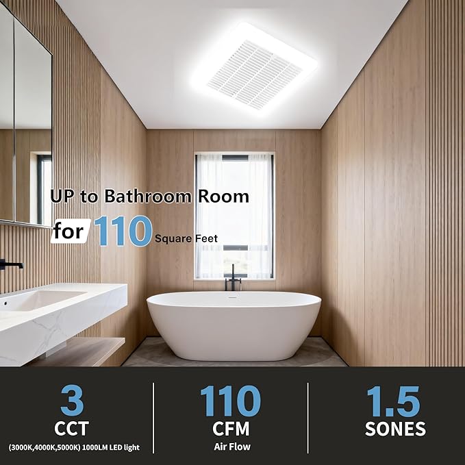 Tech Drive Bathroom Exhaust Fan with Light - 110 CFM, 1.5 Sone, 1000lm Dimmable 3CCT Selectable LED Light, Easy to Install Super Quiet Ventilation Fan, 4-Inch Duct, Light Grille Combo, White - Image 6