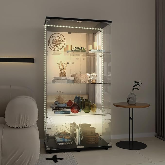 Yoluckea 4-Tier Glass Display Cabinet with Bluetooth LED Light Strip, 2-Door Floor Standing Curio Cabinet with Adjustable Feet and Mirror Back Panel, Black Glass Bookshelf for Collections, Wood Top - Image 5