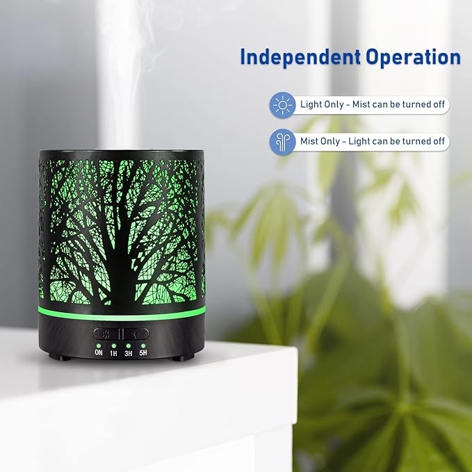 Essential Oil Diffuser Aromatherapy Diffuser -300ml Metal Electric Ultrasonic Oil Diffuser for Large Room with Auto Shut-Off Protection, 4 Timer Setting &7 Colors Night Light for Home (Tree-300ML) - Image 4
