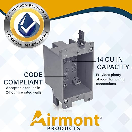(2 Pack) Airmont Products 14 in. Old Work Electrical Box, 1-Gang 14 Cu in Non-Metallic PVC Outlet Box for Drywall, Remodel Electrical Box with Built-in NM Cable Clamps, Grey PVC Old Work Outlet Box - Image 3