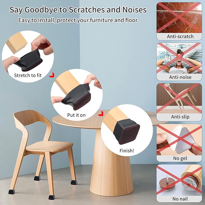 Ezprotekt 8 Pcs Extra Large Square Chair Leg Floor Protectors, Silicone Felt Furniture Pads for Hardwood Floor, Dining Table Bar Stool Leg Protectors Leg Cups Covers (XL Fit: 1.5" - 2", Black) - Image 8