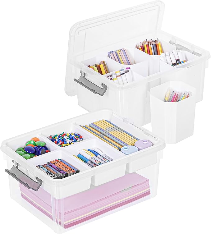 Citylife 17 QT Plastic Storage Box with Removable Tray and 6 Detachable Tall Inserts Craft Organizers and Storage Clear Storage Container for Organizing Crayon, Craft, Sewing, Playdoh, 2 Packs by Unknown
