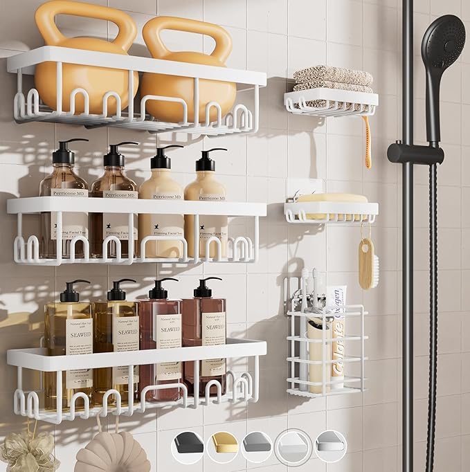 Veken 6-Pack Rustproof&Waterproof Shower Caddy, Adhesive Shelves Rack with Soap Holder, Large Bathroom & Washroom Organizer, No Drilling Wall-Mounted Kitchen&Home Decor,Ideal for Bathtub Storage,White by Veken