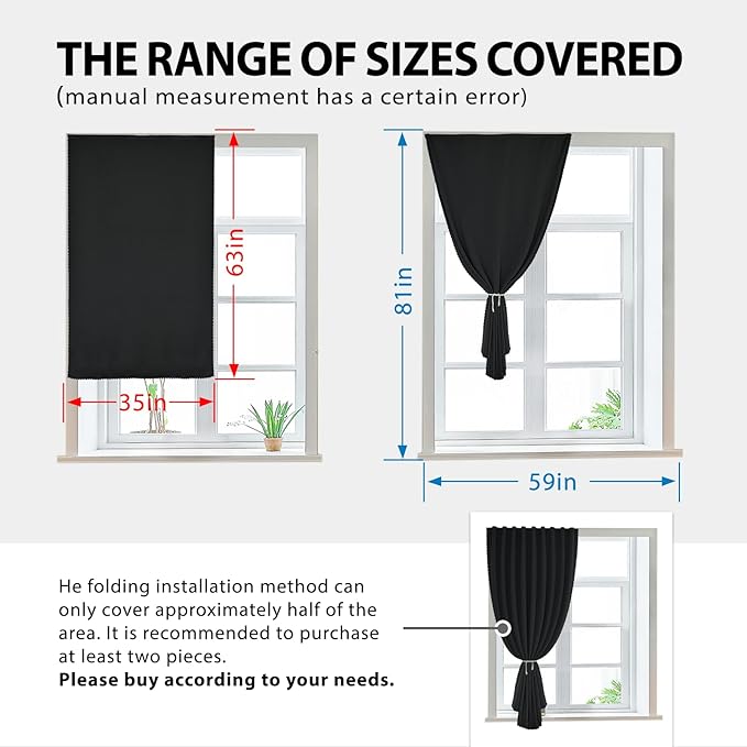 Autohesion Curtains for Windows,Bedroom Blackout Curtains for - Thermal Lnsulated No Drill Curtains Room Darkening Black Small Drapes, JILRON,(1 Panels,35Wx63L inch-Black) - Image 3