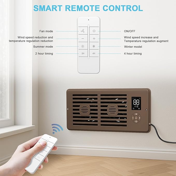 Register Booster Fan for 4" x 10" Vents Only, 10 Speeds to Control Cool and Warm Airflow, Air Conditioning Vents with LED Screen Remote & Thermostat Control, for Room Walls & Floors (Brown) - Image 4