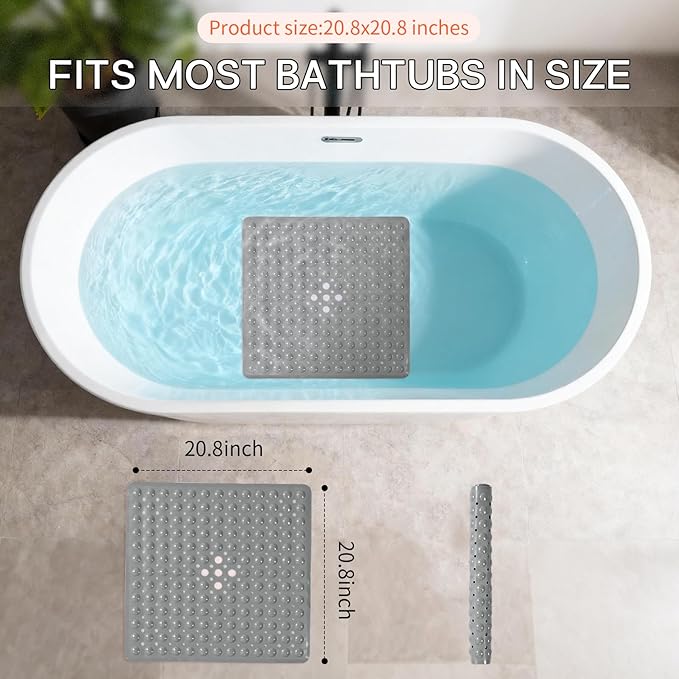 Anti-Slip Bathtub Shower mat, 20.8×20.8（Approximately 53×53cm） inch Soft Oversized Machine Washable Non-Slip Bathtub mat with Drainage Holes, Bathroom Floor Suction Cup.（1-Opaque Gray） - Image 3