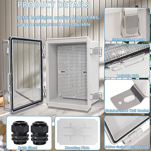 Zulkit Junction Box IP67 Waterproof Electrical Box Hinged Clear Cover Stainless Steel Latch Plastic Enclosure for Project w Mounting Plate Wall Bracket and 2 Cable Gland 8.7"x6.7"x4.3"/220x170x110mm - Image 4