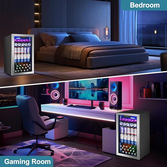 128 Cans Beverage Refrigerator Cooler, 3.2 Cu.Ft Mini Drink Fridge Glass Door for Drink Beer Soda Wine, Beer Fridge with 4 Removable Shelves for Kitchen Bedroom, Office Bar Gaming Room,Stainless Steel - Image 8