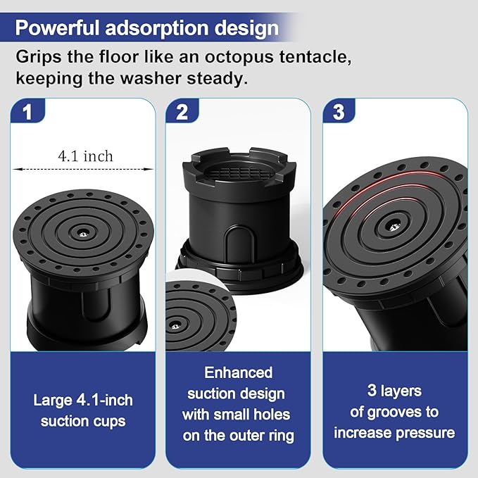 4Pcs Anti Vibration Pads for Washing Machine, Adjustable Height Stops Washer Dryer Moving, Prevents Noise, Vibration Transfer, Antivibration Stabilizer Support Feet with Suction Cup Bottom (Grey) - Image 4