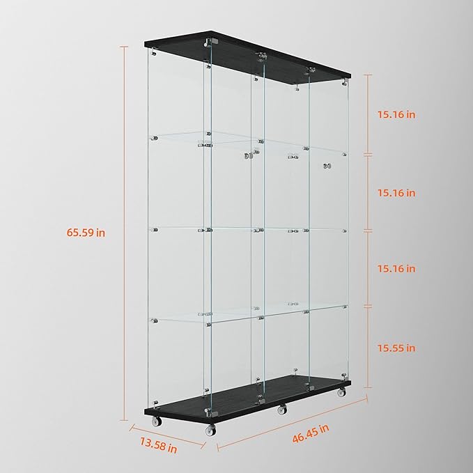Yoluckea 4-Tier Glass Display Cabinet Extra Large with Bluetooth LED Light Strip, 2-Door Floor Standing Curio Cabinet with Universal Wheel for Home, Black Glass Bookshelf for Collections, Wood Top - Image 2