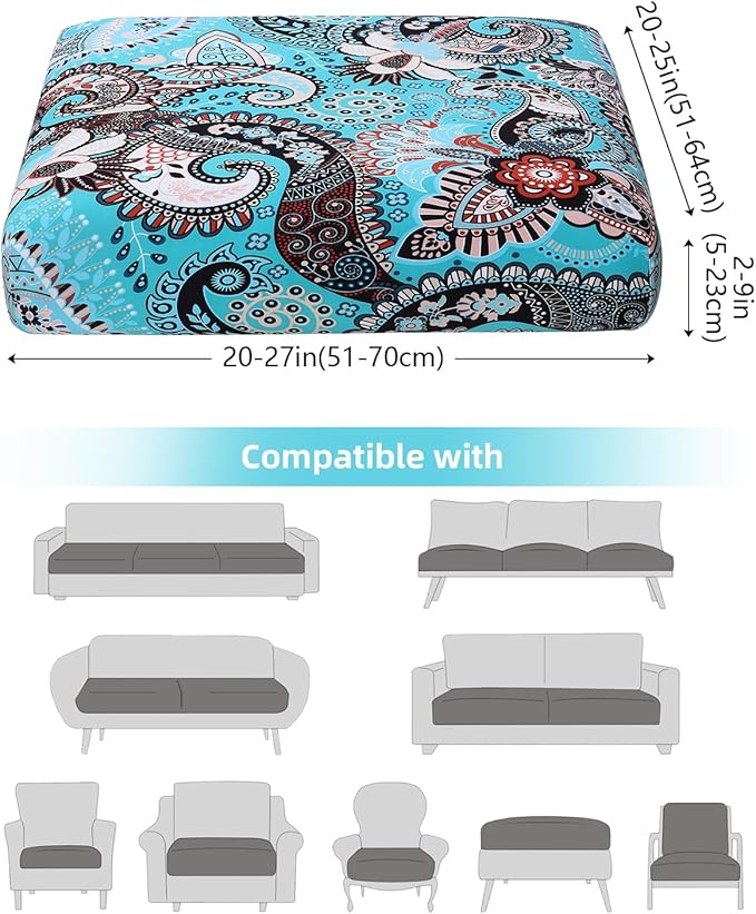 Fuloon Sofa Cushion Covers, Stretch Printed Seat Cushion Cover Couch Seat Slipcovers Washable Furniture Protector for Armchair Loveseat Sofa (Floral Turquoise, 2 PCS) - Image 4