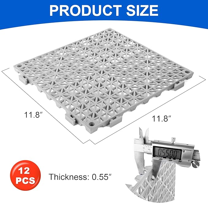 MYFAMIREA Modular Interlocking Cushion 12 Pack 11.8" x 11.8" Rubber Floor Tiles Non-Slip Splicing Drainage Mats for Deck, Pool, Outdoor Shower, Patio, Balcony, Indoor Bathroom, Kitchen, Yard (Gary) - Image 2