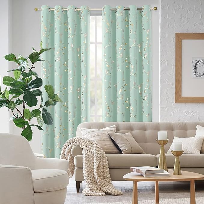 BUHUA Blackout Curtains 84 Inches Long, Gold Foil Print Pattern Room Darkening Curtain, Living Room Curtains & Drapes, Thermal Insulated Window Panel Set, 66 x 84 Inch, Aqua - Image 3