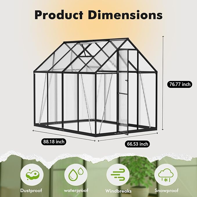 6×7.5FT Greenhouse for Outdoors, Walk-in Greenhouse and Winter Garden Planting, Polycarbonate Greenhouse with Electronic Thermometers, Withstands Strong Wind or Snow to Protect Vegetable or Plants - Image 3
