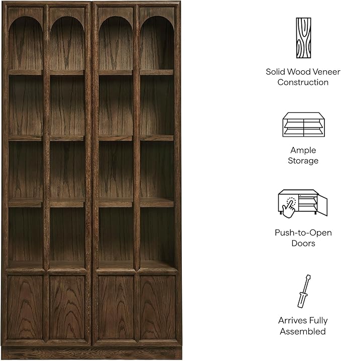 Modway Anwen 79" Wood Display Cabinet with Glass Doors in Walnut – Modern China Cabinet with Arched Door Detail – Large Curio Cabinet for Collectibles - Image 4