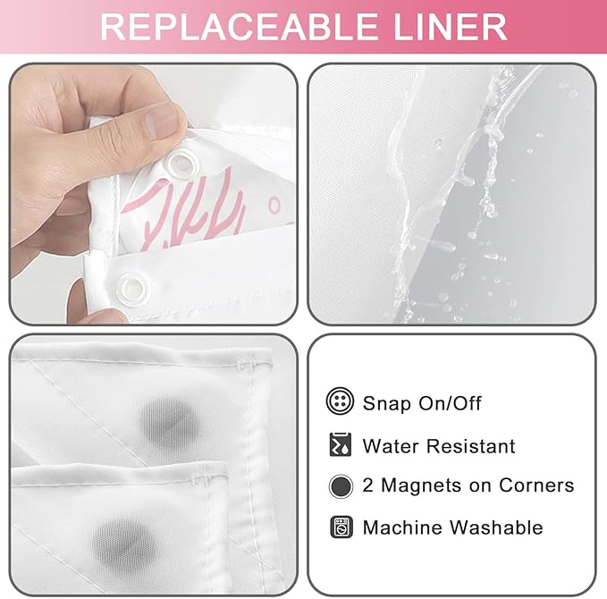 Extra Long No Hook Shower Curtain with Snap in Liner, Beach Ocean Nautical Coastal Shower Curtains and Liner Set for Bathroom, Seashell Fabric Bath Curtain, Waterproof Washable, Pink 71"x84" - Image 4
