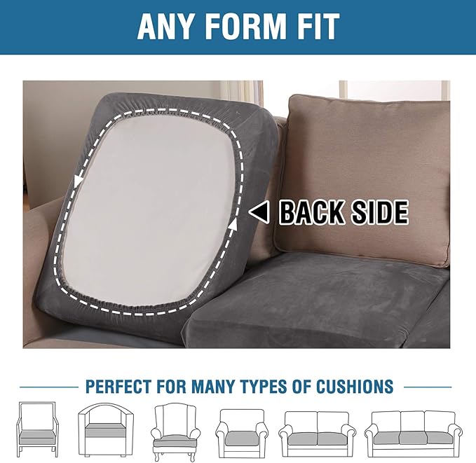 H.VERSAILTEX Velvet Stretch Couch Cushion Cover Plush Cushion Slipcover for Chair Loveseat Sofa Cushion Furniture Protector Seat Cushion Sofa Cover (2 Piece Large Sofa Cushion Covers, Grey) - Image 7
