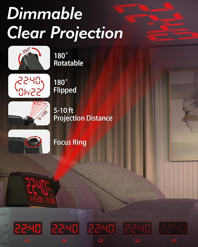 Roxicosly Projection Alarm Clock for Bedroom Ceiling, 118 dB Super Loud for Heavy Sleepers, 6.7" Large Digital Dimmable Display with Day Date Indoor Temp Humidity, Dual Alarms Adjustable Volume - Image 2