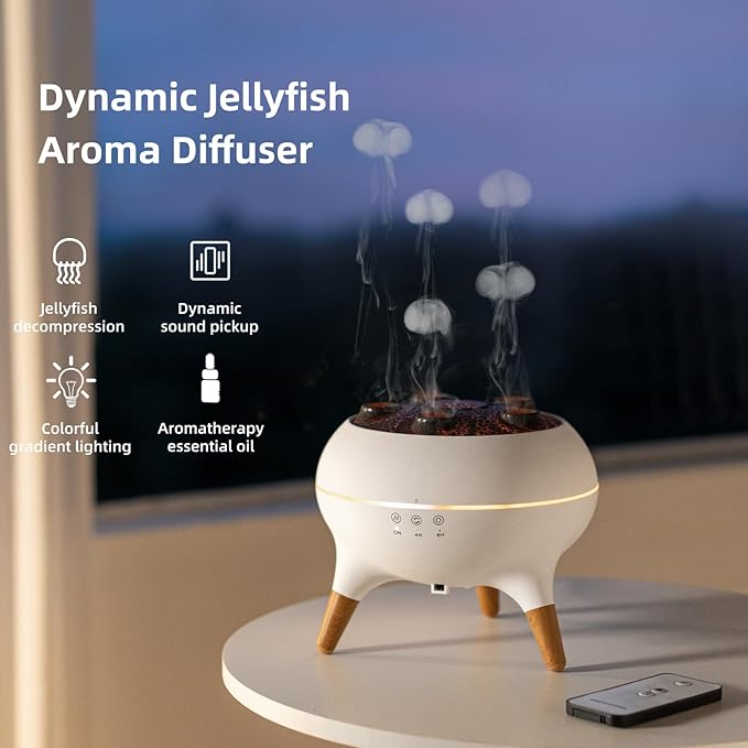 Jellyfish Essential Oil Diffuser,250ml Ultrasonic Aromatherapy Humidifier with 5-Nozzle Mist Ring,Sound Pickup Music Sync,7-Color LED Night Light,Remote Control, Quiet Desktop Decor for Home Office - Image 2
