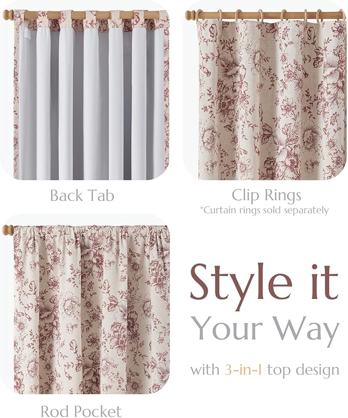 jinchan Blackout Floral Curtains Linen Blend Curtain for Living Room 90 Inch Length Farmhouse Brick Red Flower Printed Drapes for Bedroom Rod Pocket Back Tab Curtains Set 2 Panels - Image 4